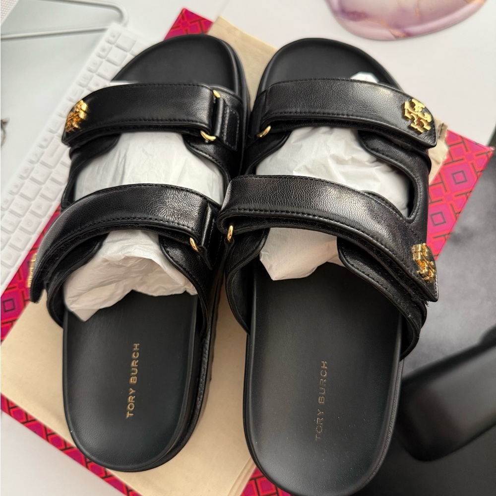 Tory Burch Black Slides with Gold Details